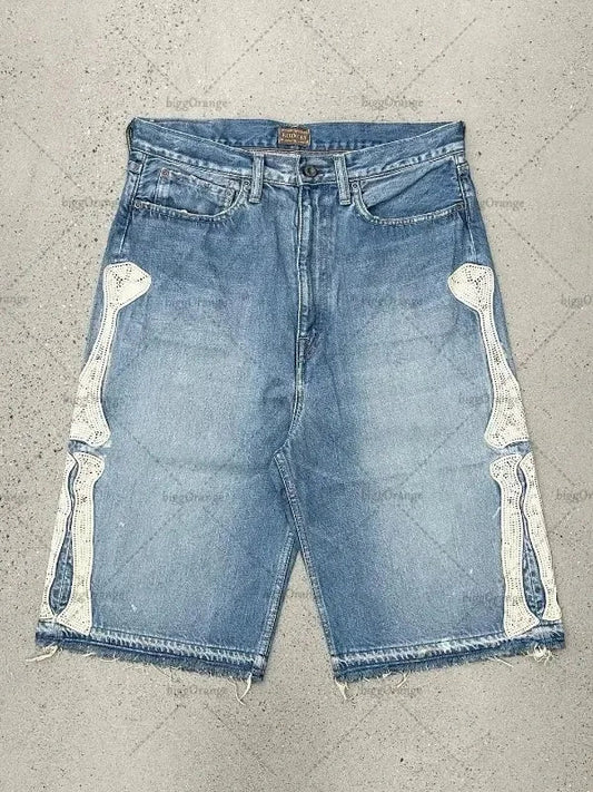 Deeptown Y2k Vintage Harajuku Denim Shorts Women Washed Letter Embroidery Tassels American Retro Jeans Man Baggy Hip Hop Jorts
