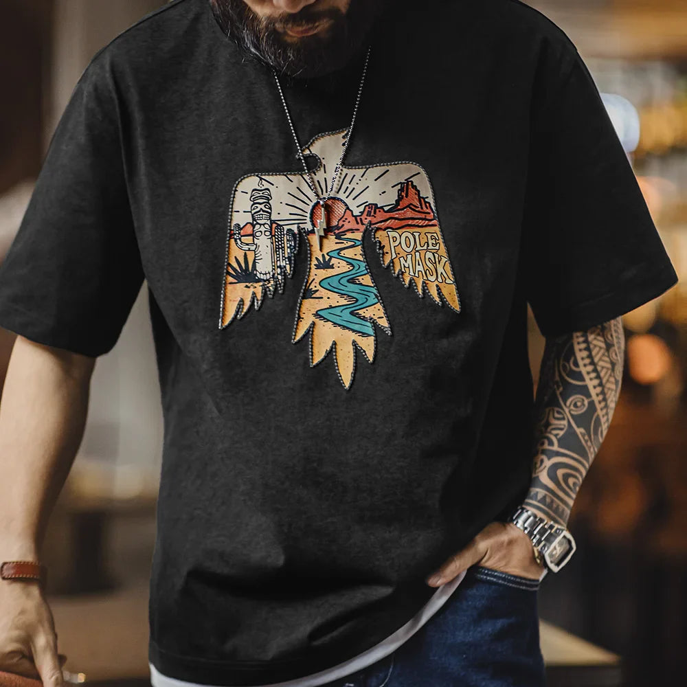 Vintage Style Thunderbird Print T-Shirt Men's Summer Heavyweight Embroidered Short Sleeve Tee Navajo Crew Neck Street Tops