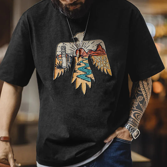 Vintage Style Thunderbird Print T-Shirt Men's Summer Heavyweight Embroidered Short Sleeve Tee Navajo Crew Neck Street Tops