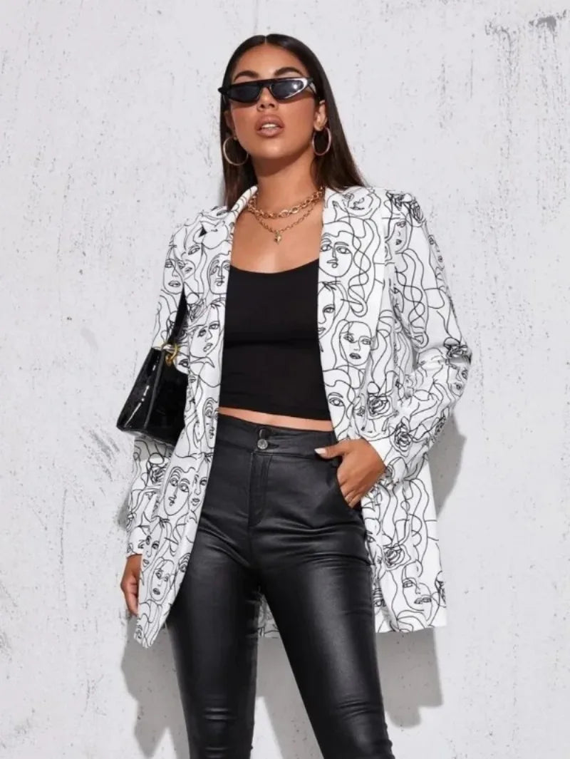 Elegant and Youth Blazer Spring Fashion Vintage Irregular Print Casual Woman Clothing High Street Lapel Blazer Woman Outerwears