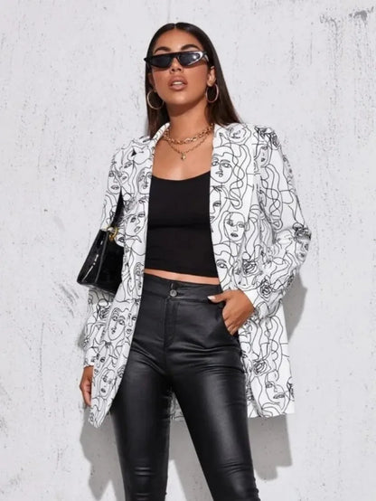 Elegant and Youth Blazer Spring Fashion Vintage Irregular Print Casual Woman Clothing High Street Lapel Blazer Woman Outerwears