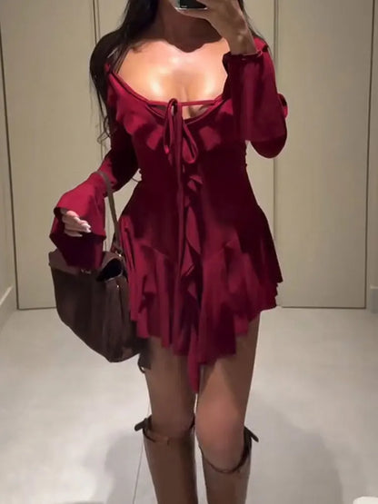 Ruffled Lace-Up White Mini Dress Women's V-Neck Patchwork Long Sleeve Sexy Slim Dress Bandage Elegant Female Summer Dress