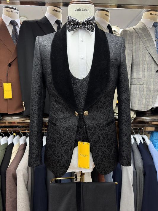 Black Fully Jacquard Suit Set, Popular 3-pieces Tuxedo, Chic Velvet Shawl Lapel Jacket Groom Wear, Top Quality, Office Business