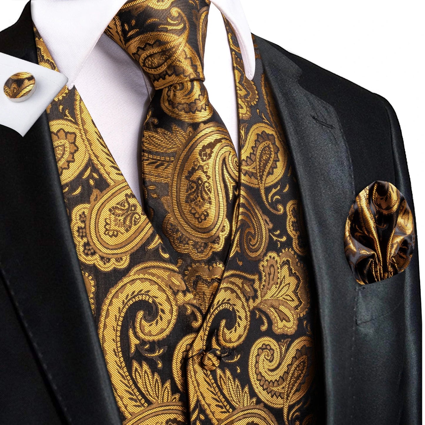 Silk Mens Waistcoat Tie Set Gold Brown Orange Beige Ivory Khaki Bronze Sleeveless Jacket Suit Vest Necktie Hanky Cufflink