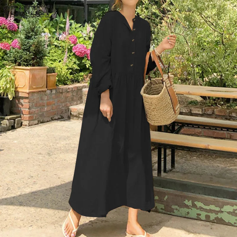 Women's Elegant Solid Cotton Robe Femme 2022 Spring Autumn Bohemian Maxi Dress ZANZEA Casual Long Sleeve Shirt Dresses Oversized