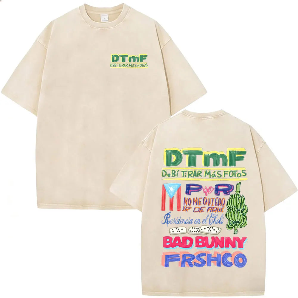 Washed Vintage Rapper Bad Bunny T-shirt Debi Tirar Mas Fotos DTMF World Tour Album T Shirts Men Women Fashion Hip Hop T-shirts