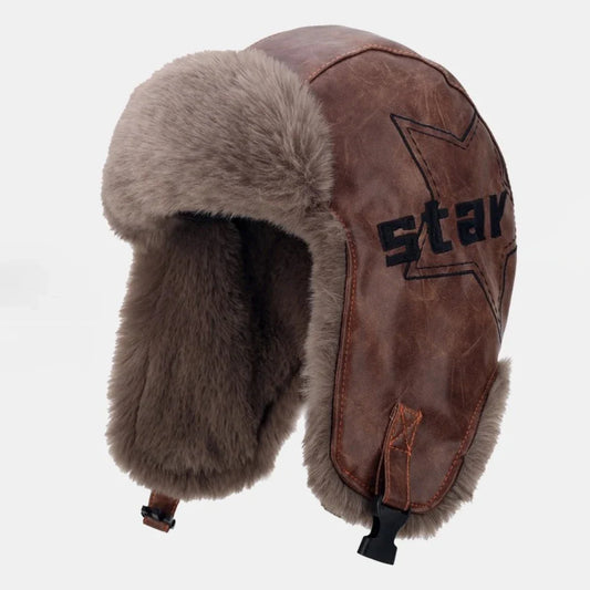 Bomber Hat Thick Warm Russian Hat Fur Lined Autumn Winter Hats for Men Women Windproof PU Leather Ski Trapper Earflap Cap
