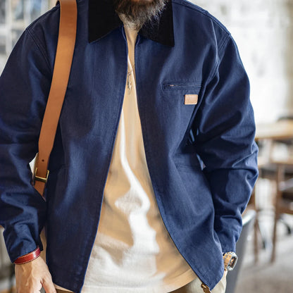 Men's Retro J001 Detroit Jacket Heavyweight Canvas Hunting Coat Lapel Collar Work Jackets with Zipper for Spring Fall