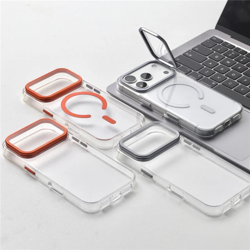 For Magsafe Folding Lens Holder Clear Magnetic Case For iPhone 17Pro Max 15 16Pro 17 With Camera Tempered Glass Hard Back Cover