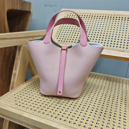 Top Layer Cowhide Leather Handbag European Sle Buet Bag Fre Vegetable Basket Ladies Handbag Soft Handle Casual Faion