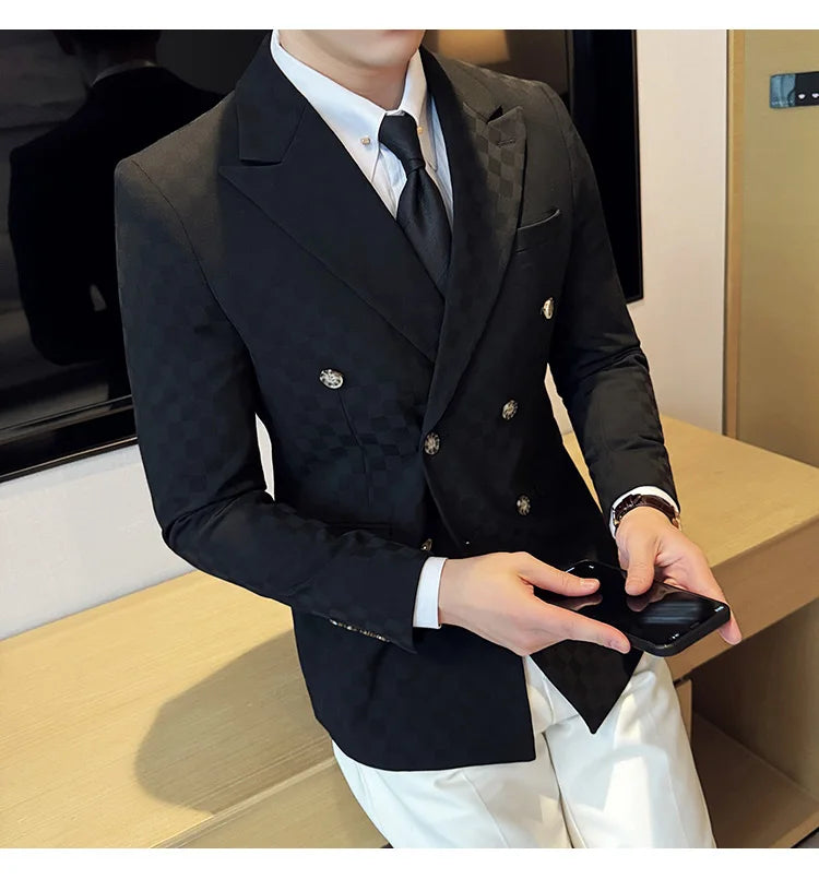 6 Color Luxury Double Breasted Blazers Coats 2024 New Fashion Checkered Business Slim Fit Social   Formal Suit Jacket 5XL-M