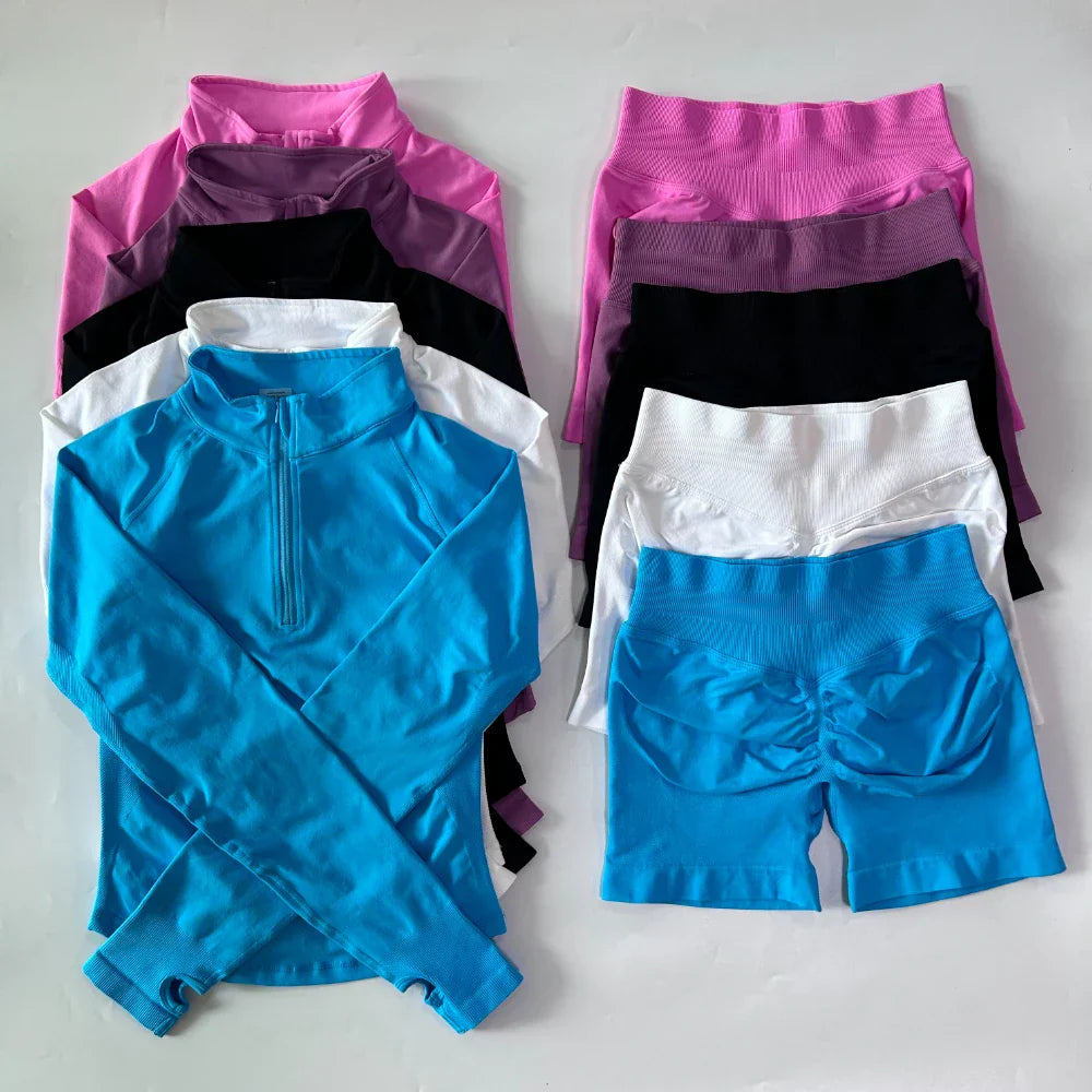 No Logo 2pcs Long Sleeve Yoga Set Women Half Zippy Jacket Longline Sports Top Gym Shorts Fitness Suits Running Coats Workout Set