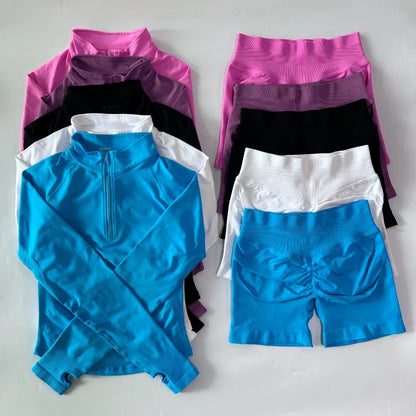 No Logo 2pcs Long Sleeve Yoga Set Women Half Zippy Jacket Longline Sports Top Gym Shorts Fitness Suits Running Coats Workout Set