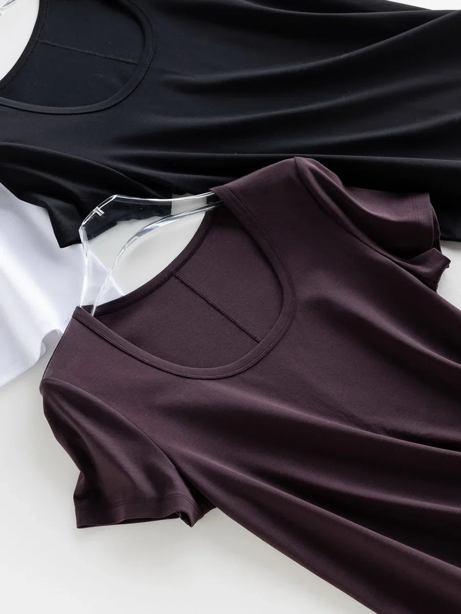 Women Solid T Shirt, Silk Cotton Blend, Square Collar, Short Sleeves Chic Shirt 2025 Spring Summer Cozy Top