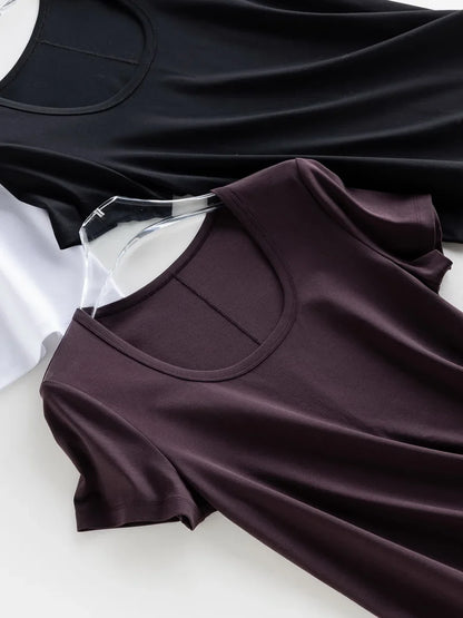 Women Solid T Shirt, Silk Cotton Blend, Square Collar, Short Sleeves Chic Shirt 2025 Spring Summer Cozy Top