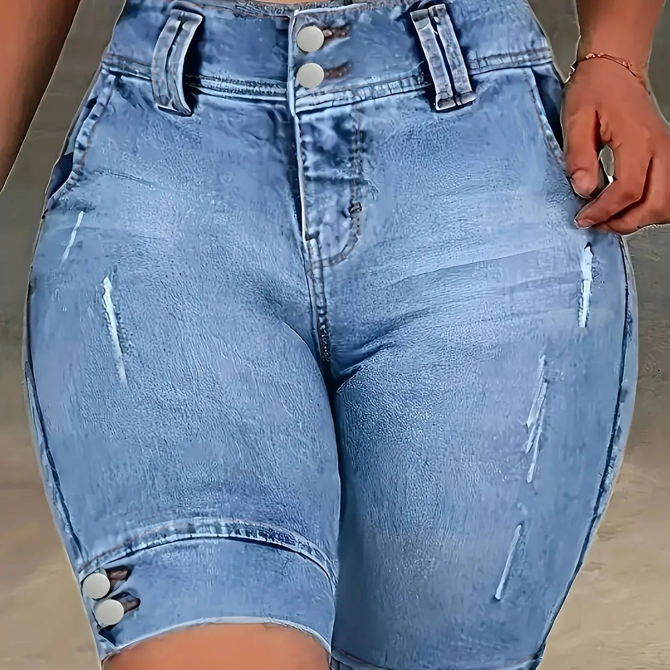 Ladies' Blue Double-Buckle Waist Slim Fit Jeans