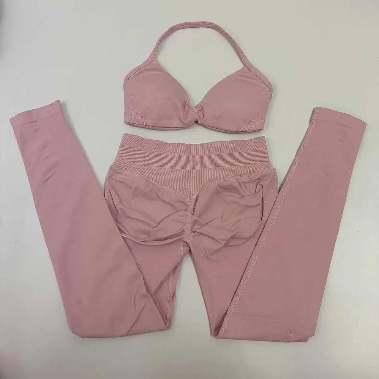 2pcs Seamless Yoga Set Women Yoga Scrunch Leggings Set Strappy Halter Sports Bra Fitness Gym Clothing Workout Set