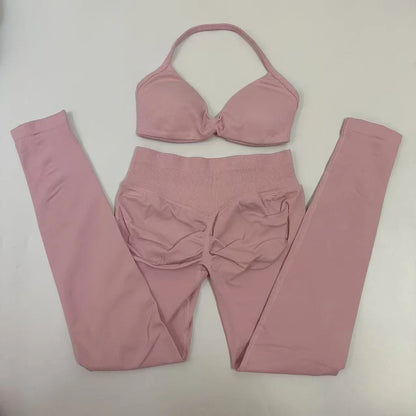 2pcs Seamless Yoga Set Women Yoga Scrunch Leggings Set Strappy Halter Sports Bra Fitness Gym Clothing Workout Set