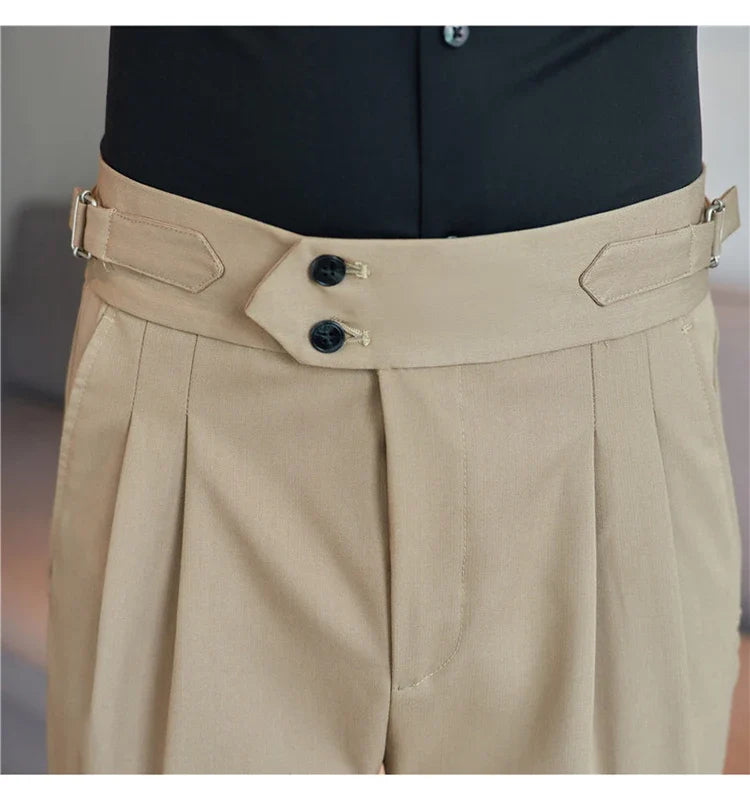British Style Autumn New High Waist Trousers Men Belt Design Slim Fit Suit Pants Office Social Wedding Party Formal Pants Hommes