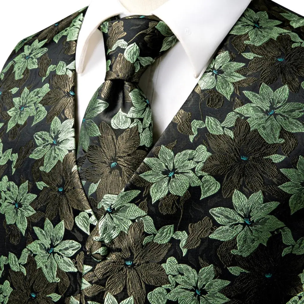 Silk Mens Vests Sleeveless Waist Jacket Jacquard Black Orange Floral Waistcoat Tie Hanky Cufflinks Set for Men Casual XXL