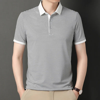 2024 Men's New Striped Cotton Business Casual Short Sleeved POLO Shirt Fashion Short Sleeved Comfortable and Breathable Top