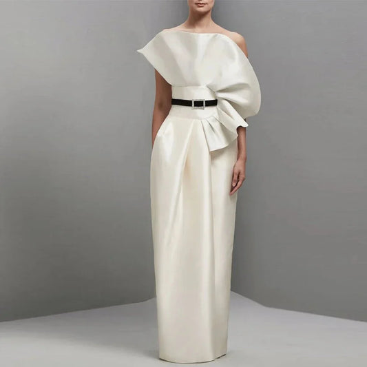 Graduation Gowns Elegant Ivory Satin Ruffles Belt Bespoke Occasion Gown Column&Sheath Strapless Long Dresses Evening Dress