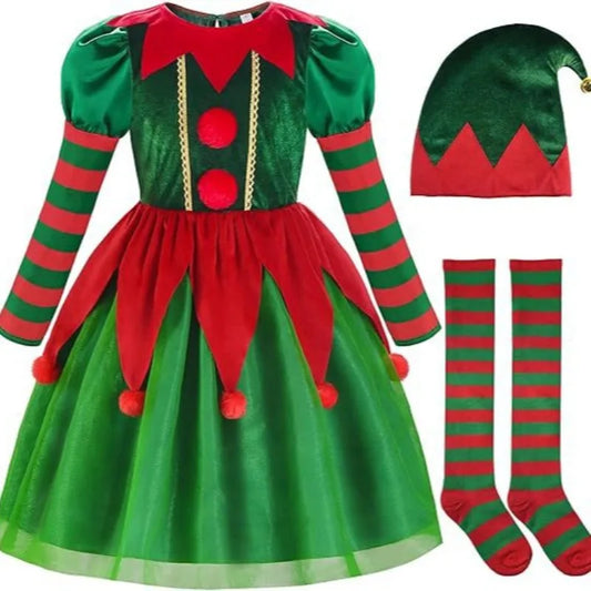 Boys Girls Elf Party Christmas Cosplay Costumes Elf Ear Role Play Set Xmas Hat Dress and Shoes Covers Stockings Kids Suit