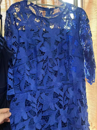 Sexy Lace Hollow High Low Long Formal Plus Size Dress With Short Sleeves Royal Blue