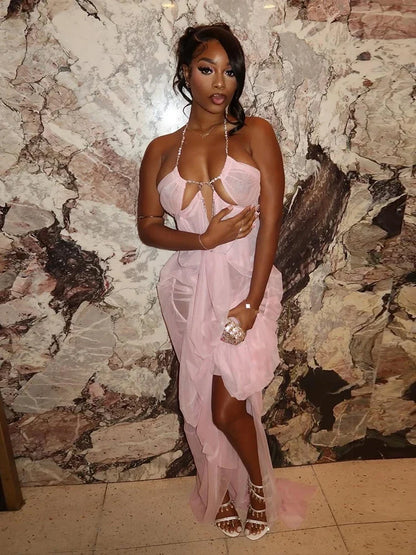 Prom Party Gown Dress Woman Sexy See Through Luxury Chain Halter Low-Neck Backless Sleeveless Midnight Elegant Vestidos