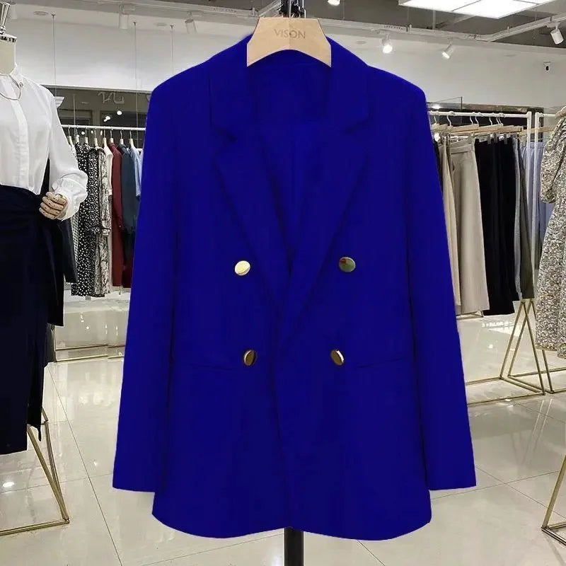 Blazer Woman Autumn Spring Long Sleeve Double Breatsed Lapel Loose Coat Slim Casual Jackets Office Ladies Vintage Blazers