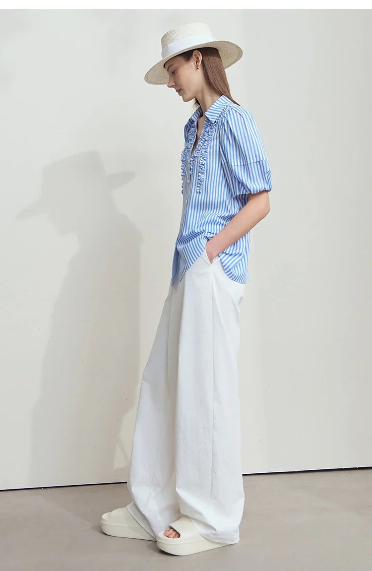Minimalist New Summer Style 2025 Shirt for Women Turn Down Collar V-neck Lantern Sleeves Blue White Stripes Shirt 12542087