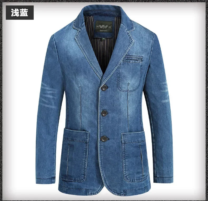 Blazer Men's Fashion Gentleman Business Retro Versatile Trendy Wedding Professional Casual Solid-color Host Cotton Denim Blazer