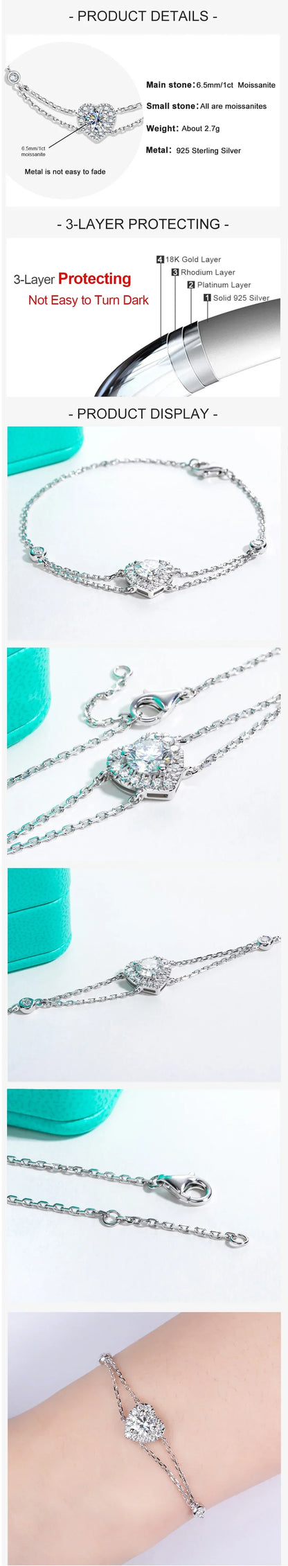 1ct Moissanite Heart Bracelet On Hand 925 Sterling Silver Lab Created Diamond 17.5cm Adjustable Bracelets For Woman