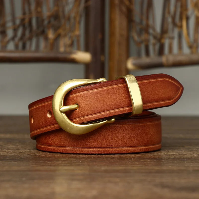 2.4 CM Pure Cowhide Genuine Leather Ladies High Quality Jeans Brass Buckle Belts Cowboy Fashion Designer Belts for Women luxury