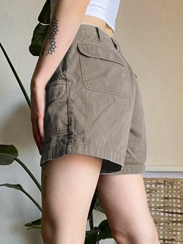 American Retro Washed Pocket Straight Leg Workwear Shorts for Female Boyfriend Mid Waist Casual Jeans Loose Pants Trendy Ins