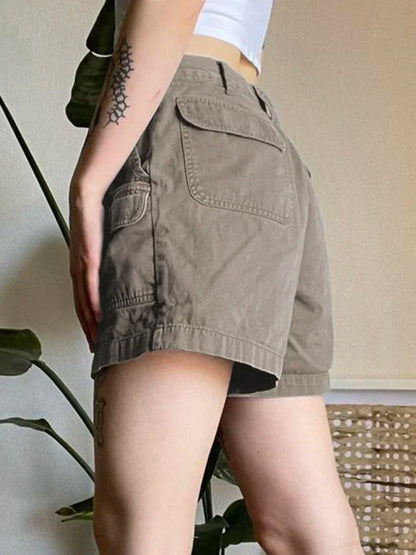 American Retro Washed Pocket Straight Leg Workwear Shorts for Female Boyfriend Mid Waist Casual Jeans Loose Pants Trendy Ins