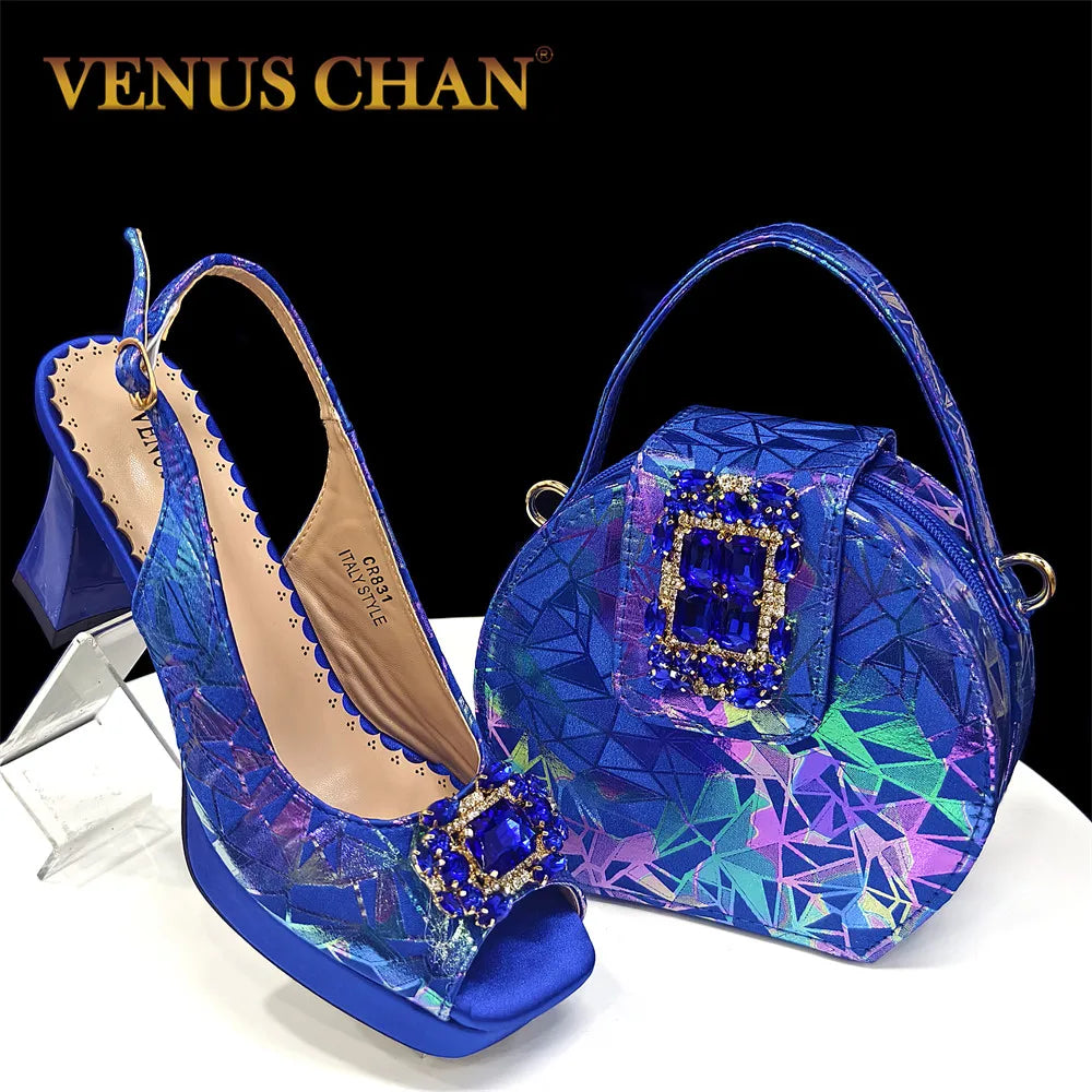 2025 Elegant Nigerian Style Women's Square Toe Open-Toe Heels & Matching Handbag Set - Stunning Blue for Weddings and Parties