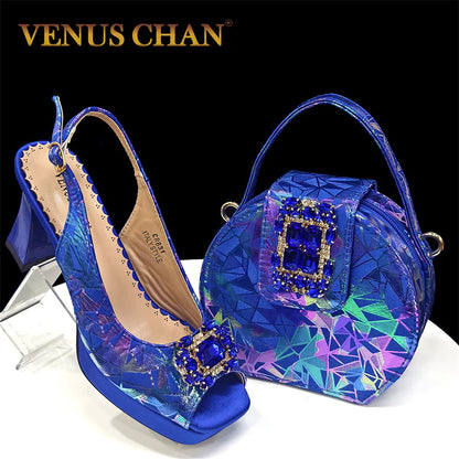 2025 Elegant Nigerian Style Women's Square Toe Open-Toe Heels & Matching Handbag Set - Stunning Blue for Weddings and Parties