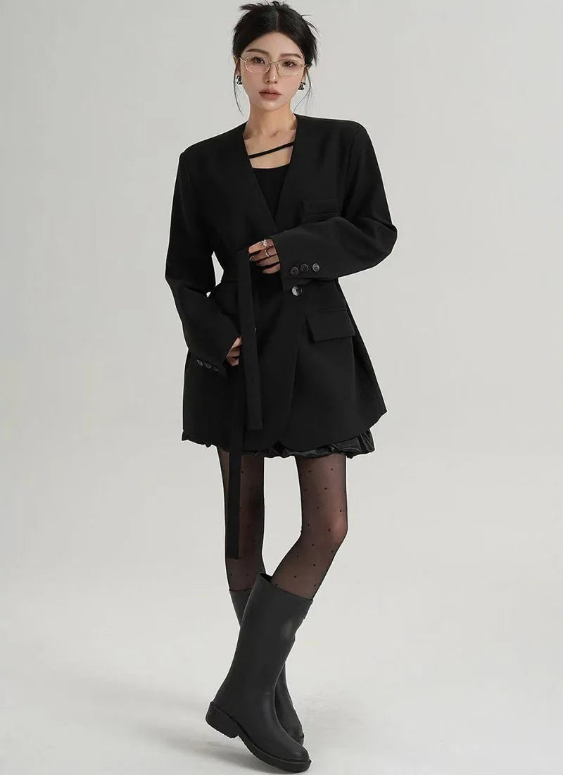Fashion Collarless Blazers Jacket Ladies Korean Streetwear Design Belt Temperament Blazer Woman Chic Long Sleeve Loose Suit Coat