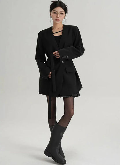 Fashion Collarless Blazers Jacket Ladies Korean Streetwear Design Belt Temperament Blazer Woman Chic Long Sleeve Loose Suit Coat
