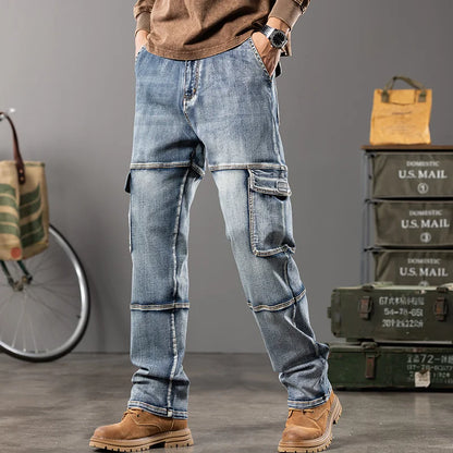 Autumn and winter new styles Men's Outdoor Wide Leg Workwear Multi-Pocket Jeans Straight fit plus size men's jeans  42 44