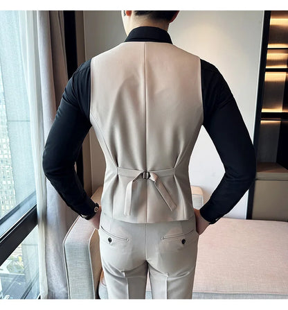 ( Vest + Pants) Men's Double-breasted Suit Vest 2 Pieces Set High Quality Business Casual Fashion Groom Wedding Dress Vest Sets