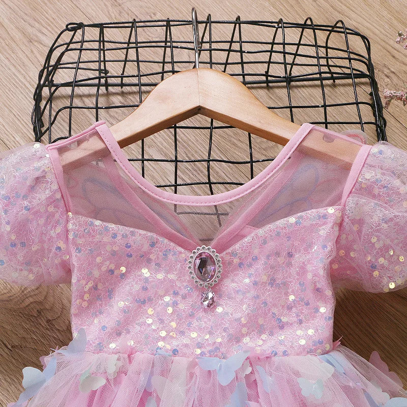 Baby Girls Butterfly Wings Fairy Gauze Princess Puff Sleeve Dress Lovely Kids Summer Tulle Dress Child Birthday Party Gown Dress