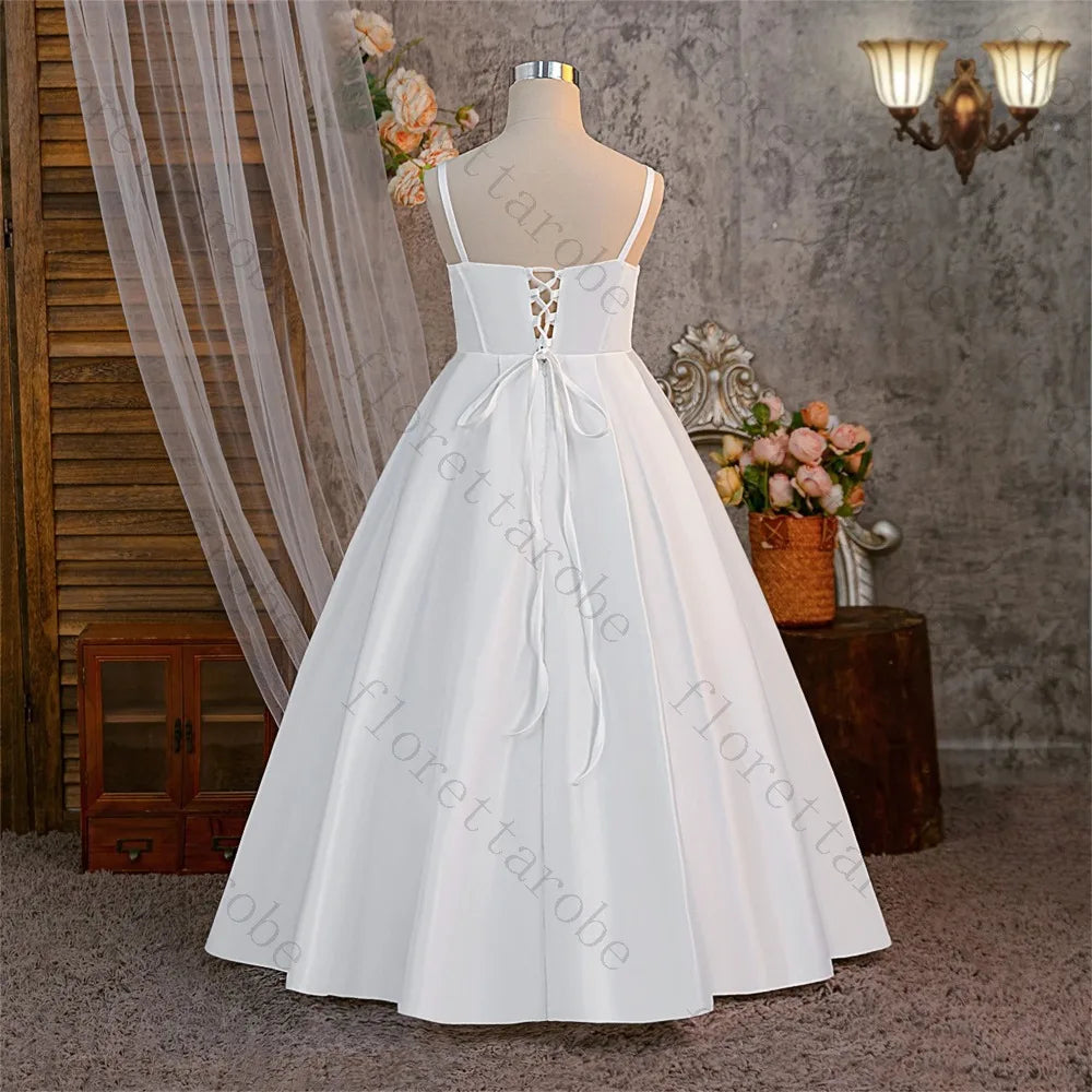 Customized Pink Satin A Line Girls Dress 2026 Spaghetti Strap High Slit Princess Gown for Wedding Baptism First Communion Party