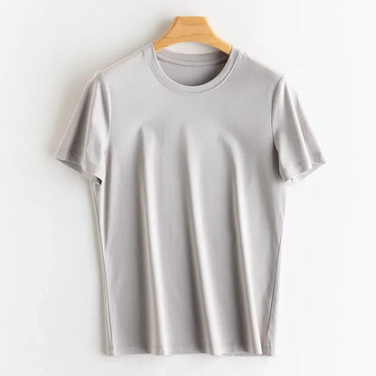 6% Real Silk Cotton Modal Women's T-shirt 2026 Summer Tees Short Sleeve Solid Tee Shirts V-neck Casual Woman Basic T shirt Tops