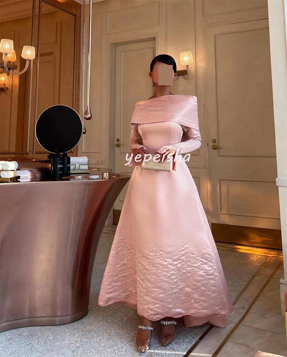 Customized Exquisite Fashion Pleat Draped Beading Sequined A-line Off-the-shoulder Midi Dresses Bespoke Occasion Dresses Formal