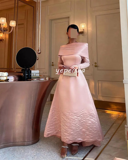 Customized Exquisite Fashion Pleat Draped Beading Sequined A-line Off-the-shoulder Midi Dresses Bespoke Occasion Dresses Formal