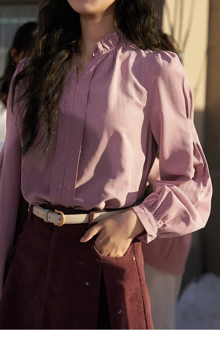 French Autumn Winter Button Up Lantern Long Sleeve Shirts Women Ruffle Neck Thick Warm Blouse Flannel Shirt MXC56X1320