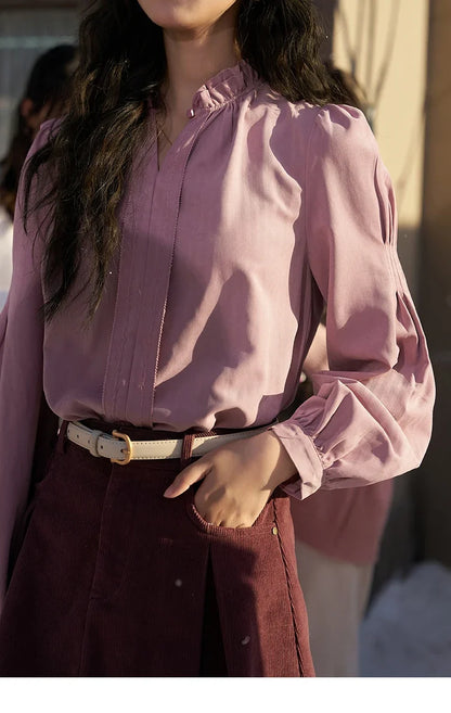 French Autumn Winter Button Up Lantern Long Sleeve Shirts Women Ruffle Neck Thick Warm Blouse Flannel Shirt MXC56X1320