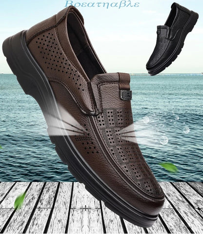 Men's Summer Breathable Leather Loafers Brown Hollow Out Slip-On Shoes Male Thick Sole Comfortable Non-slip Work Shoes for Man